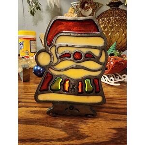 Vintage Christmas Large Santa Claus Tea Light Holder Stained Glass‎ Cast Iron